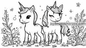 Color these tiny unicorns and the meadow of flowers